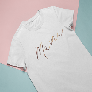 white t-shirt for moms with mama in leopard print